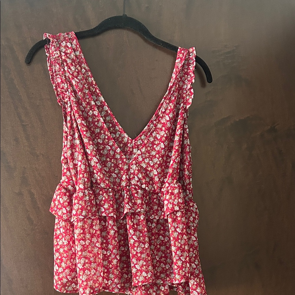 American Eagle Outfitters Red Floral Ruffle Blouse